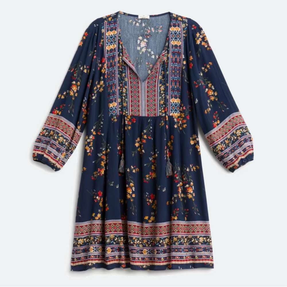 Blue Tiered Tie Front Sundress with Bishop Sleeves